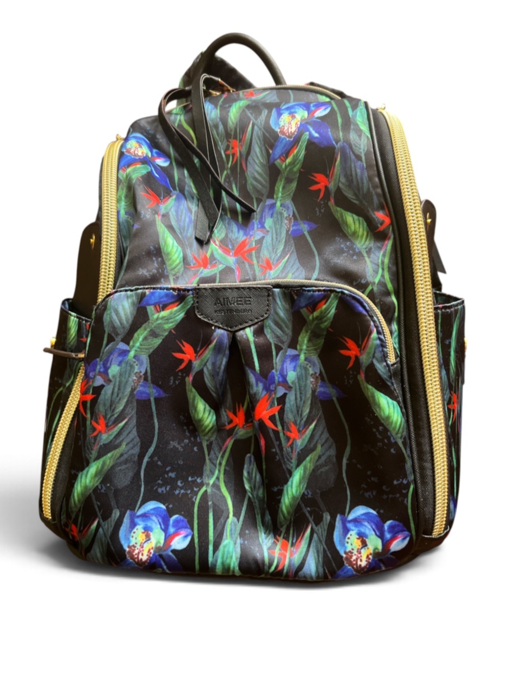 Aimee Kestenberg Black Tropical Floral Backpack Gold Tone Hardware